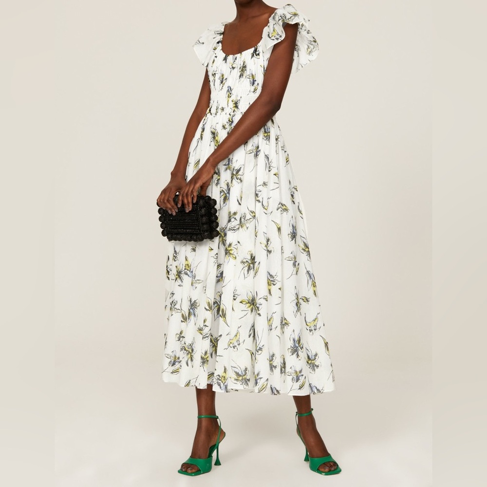 Tanya Taylor Floral Ruffle Sleeve Smock Midi Dress